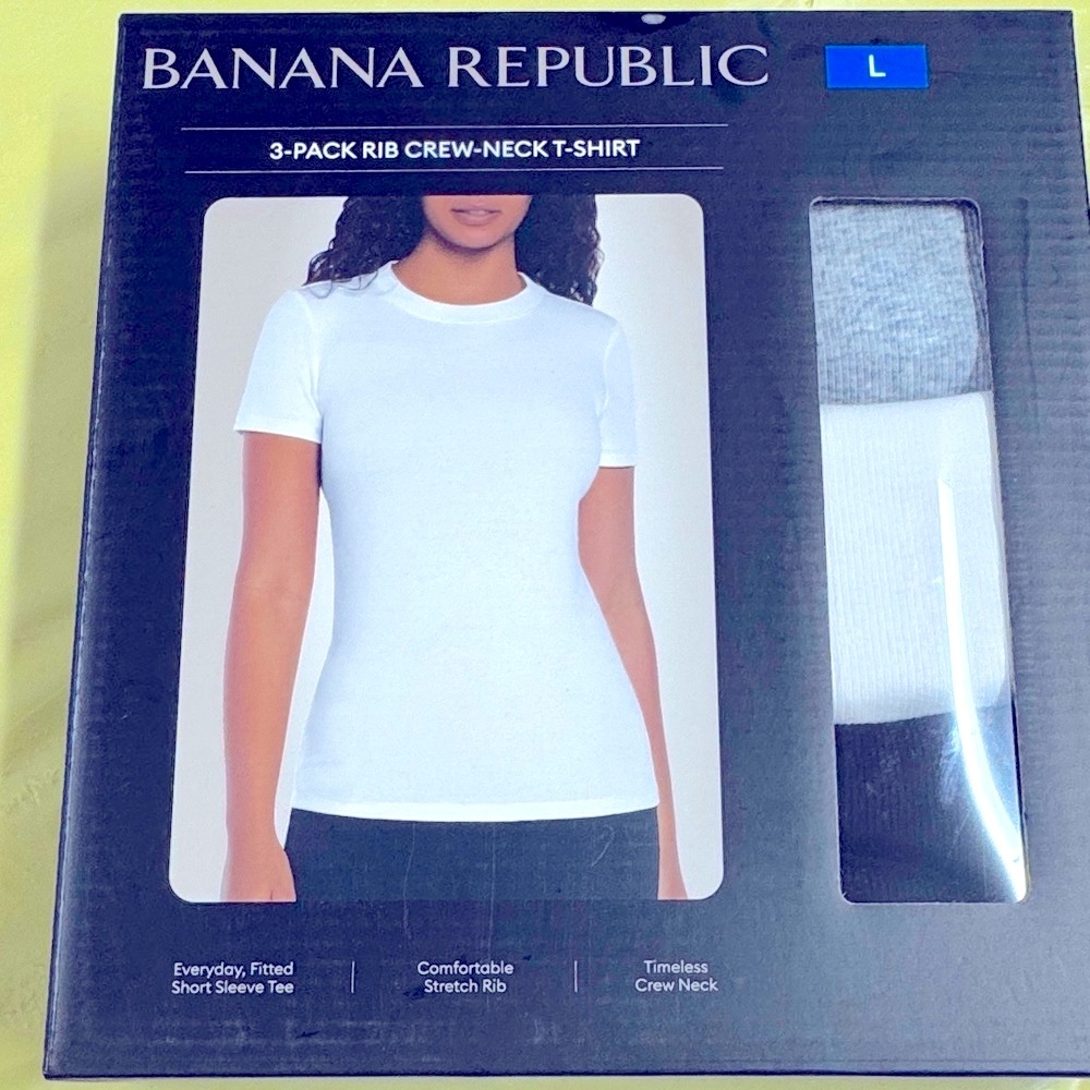 Banana Republic 3-Pack Ribbed Crew-Neck Tees  - White/Gray/Black size L sealed